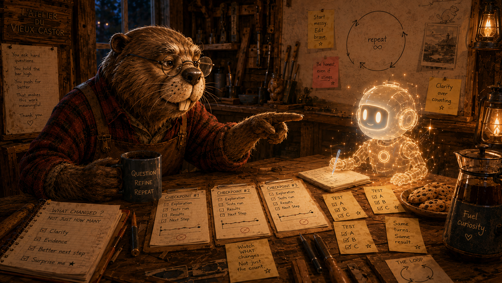 Le Vieux Castor, mug en main, guide un petit agent holographique devant des checkpoints, un carnet « What changed? » et une boucle infinie au tableau.