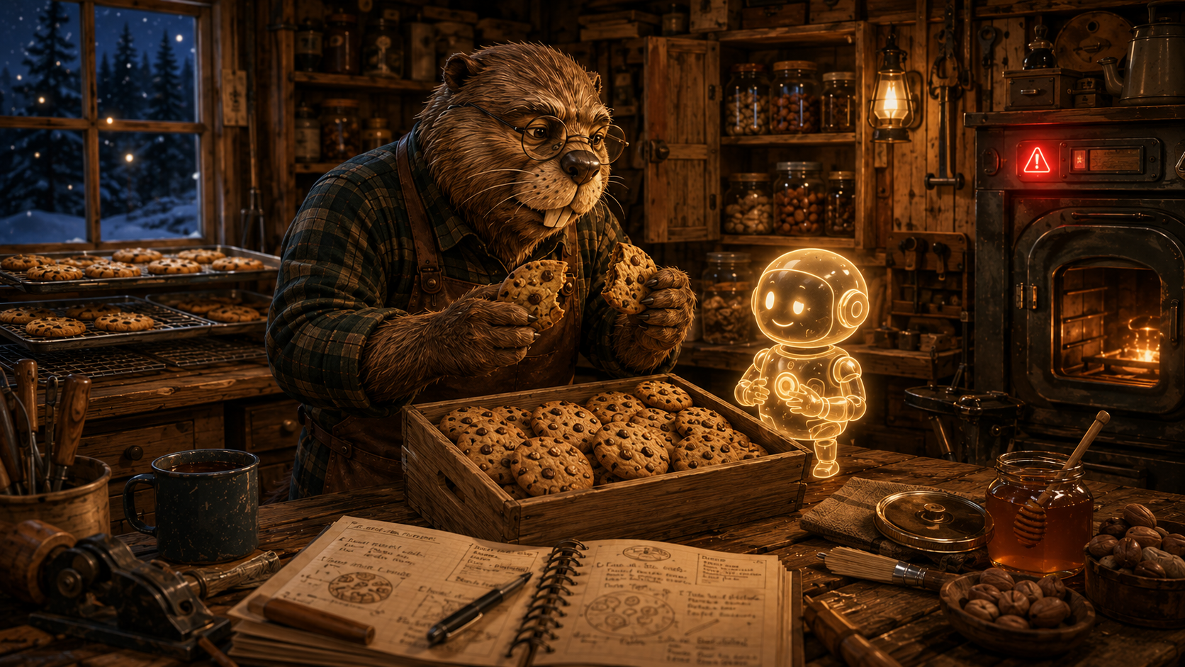 Le Vieux Castor et Petit Castor devant une boîte de cookies, un carnet de recettes, une clé et un thermostat, avec une console IA en fond.