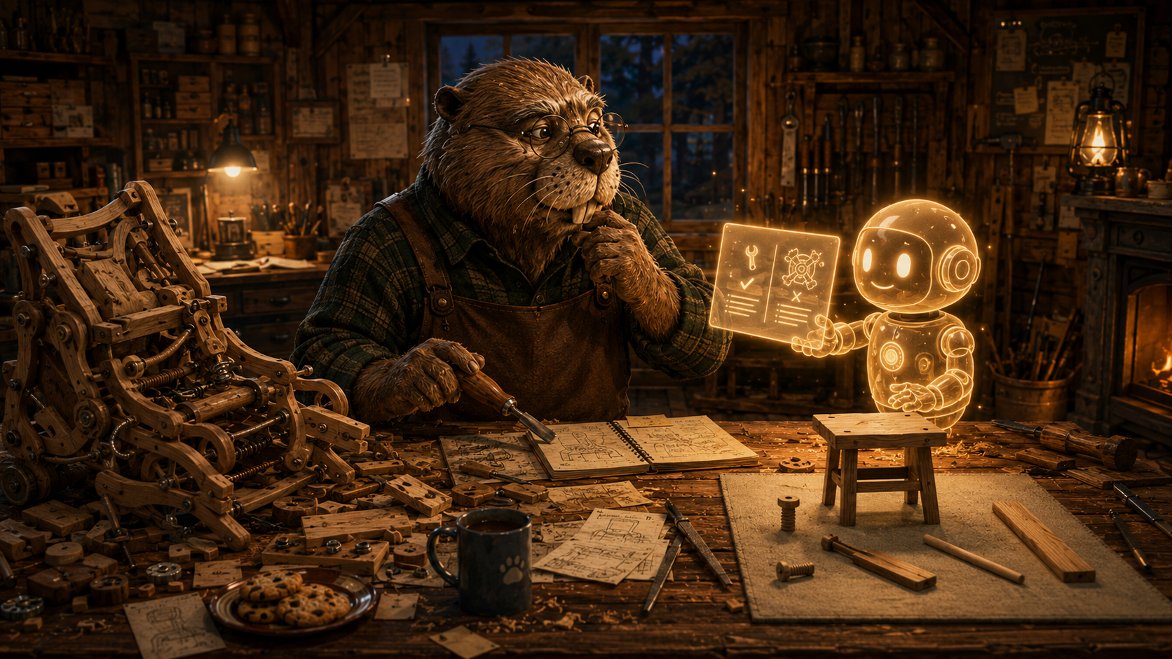 Le Vieux Castor, ciseau à bois en main, examine le panneau holographique d’un petit agent qui affiche un diagnostic : outil, engrenage barré et checklist.